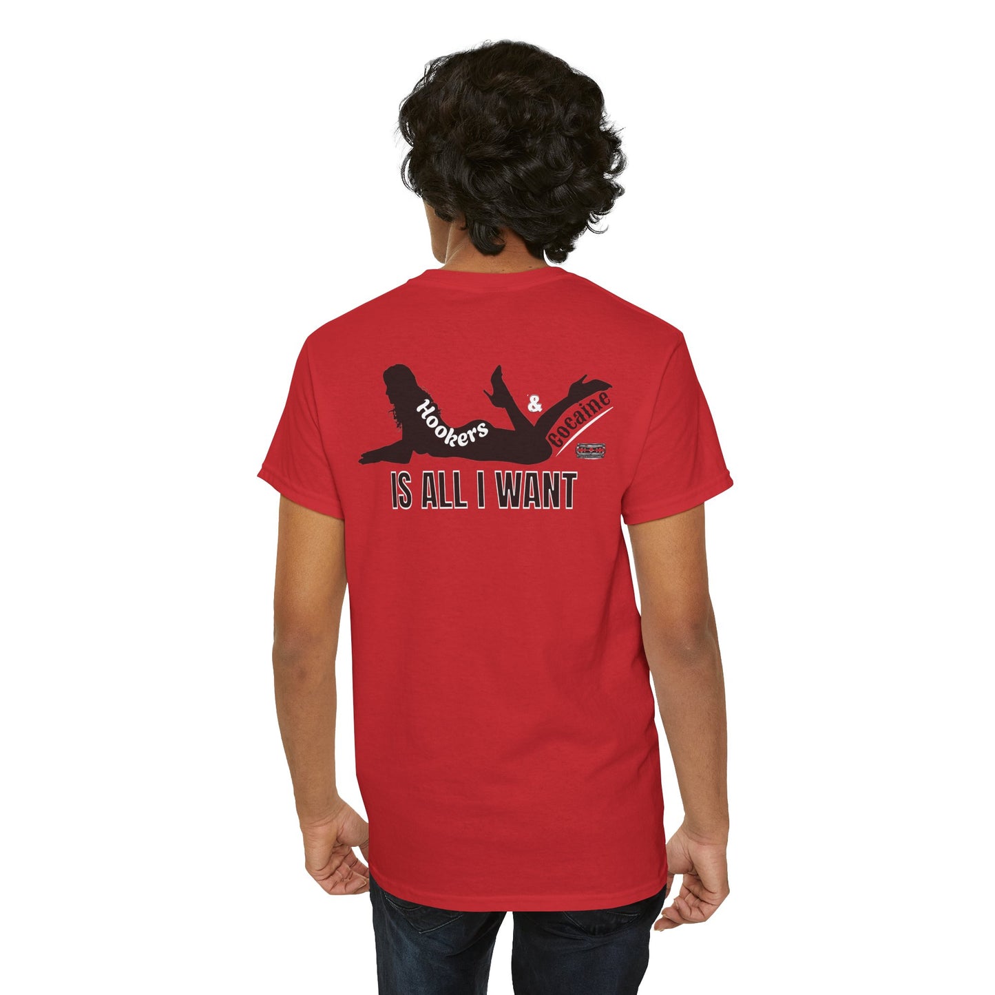 G-FYS Graphic Tee — 'Hookers & Is All I Want' Bold Red Logo Blue T-Shirt