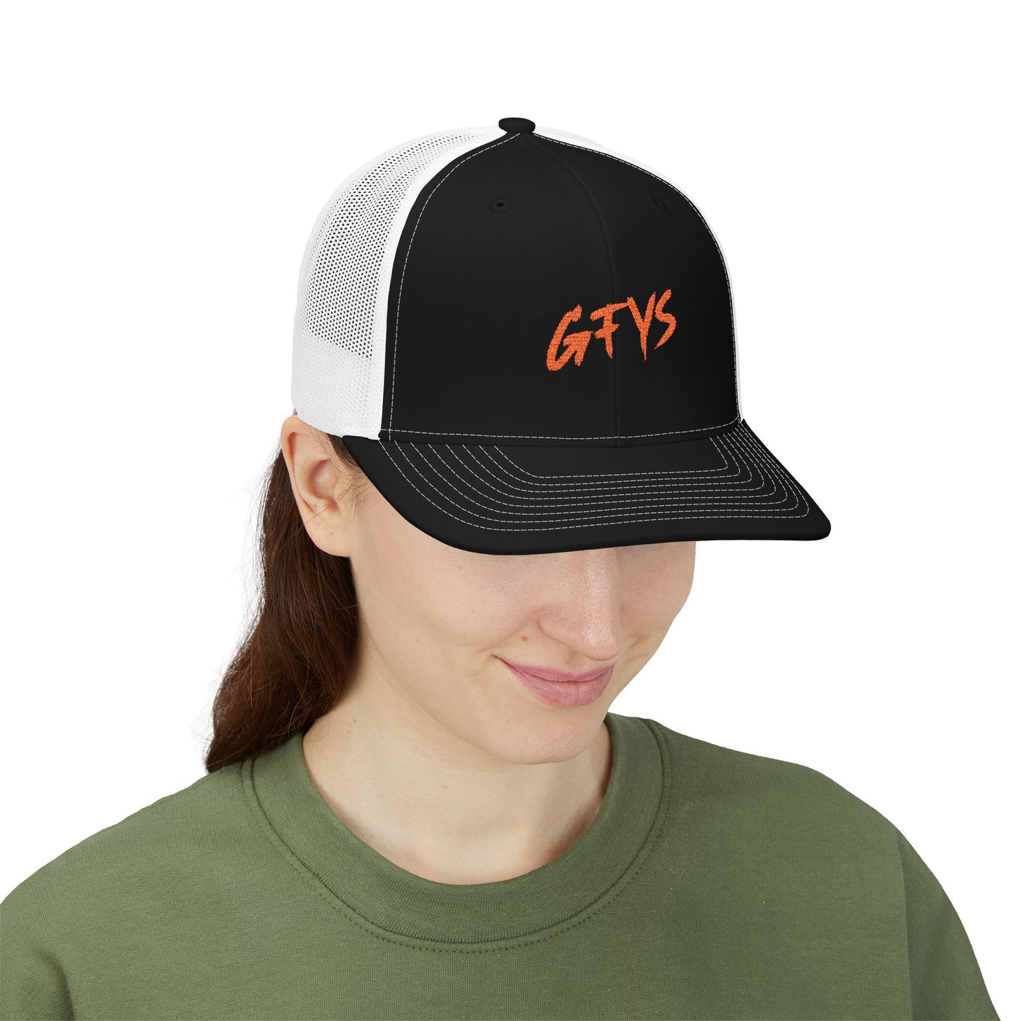 GFYS Embroidered Trucker Cap — Black/White Snapback Hat
