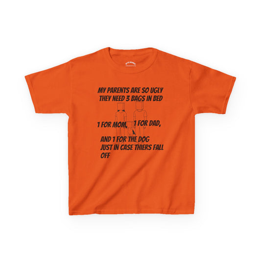 Kids Tee — Funny 'My Parents Are So Ugly They Need 3 Bags in Bed' Graphic Shirt