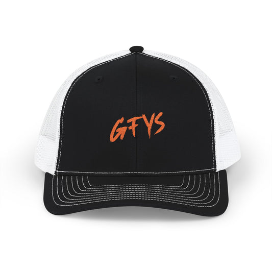 GFYS Embroidered Trucker Cap — Black/White Snapback Hat