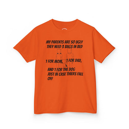 Kids Tee — Funny 'My Parents Are So Ugly They Need 3 Bags in Bed' Graphic Shirt