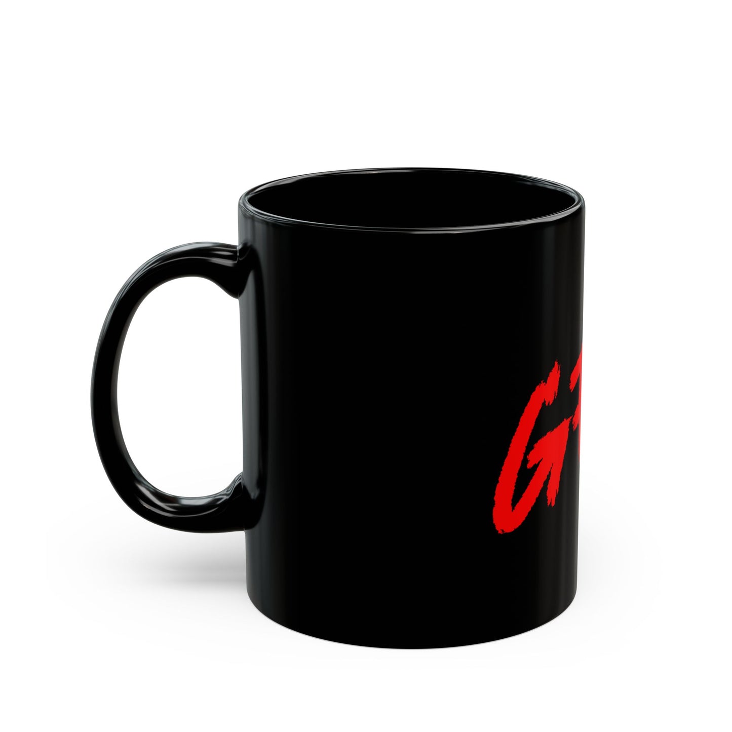 Black Mug — Bold Red "GFYS" Graphic Coffee Cup