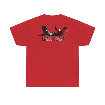 G-FYS Graphic Tee — 'Hookers & Is All I Want' Bold Red Logo Blue T-Shirt