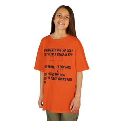 Kids Tee — Funny 'My Parents Are So Ugly They Need 3 Bags in Bed' Graphic Shirt