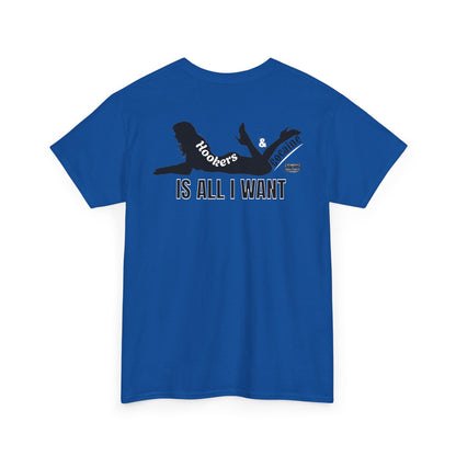 G-FYS Graphic Tee — 'Hookers & Is All I Want' Bold Red Logo Blue T-Shirt