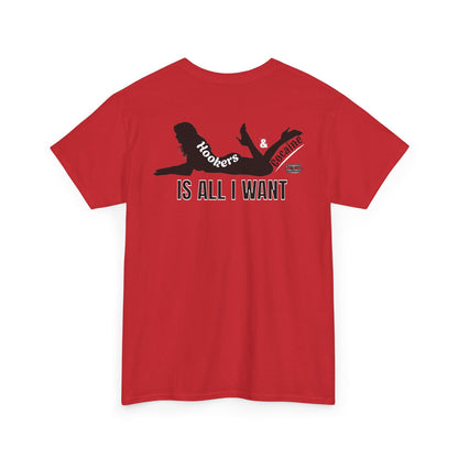G-FYS Graphic Tee — 'Hookers & Is All I Want' Bold Red Logo Blue T-Shirt