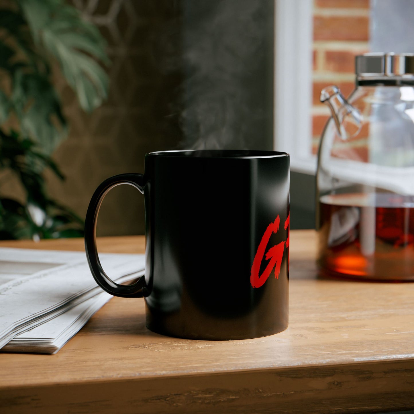 Black Mug — Bold Red "GFYS" Graphic Coffee Cup