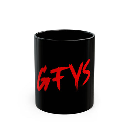 Black Mug — Bold Red "GFYS" Graphic Coffee Cup