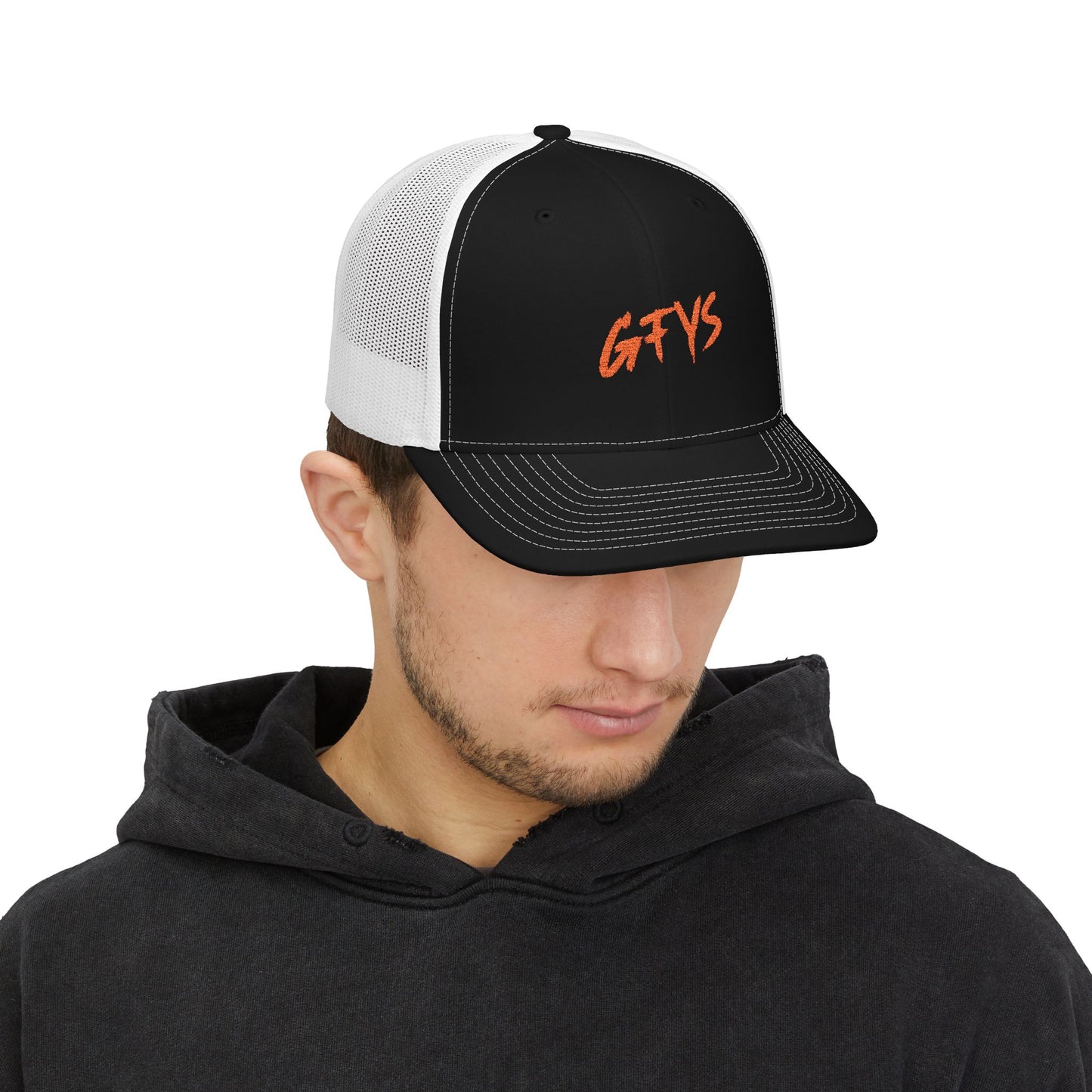 GFYS Embroidered Trucker Cap — Black/White Snapback Hat