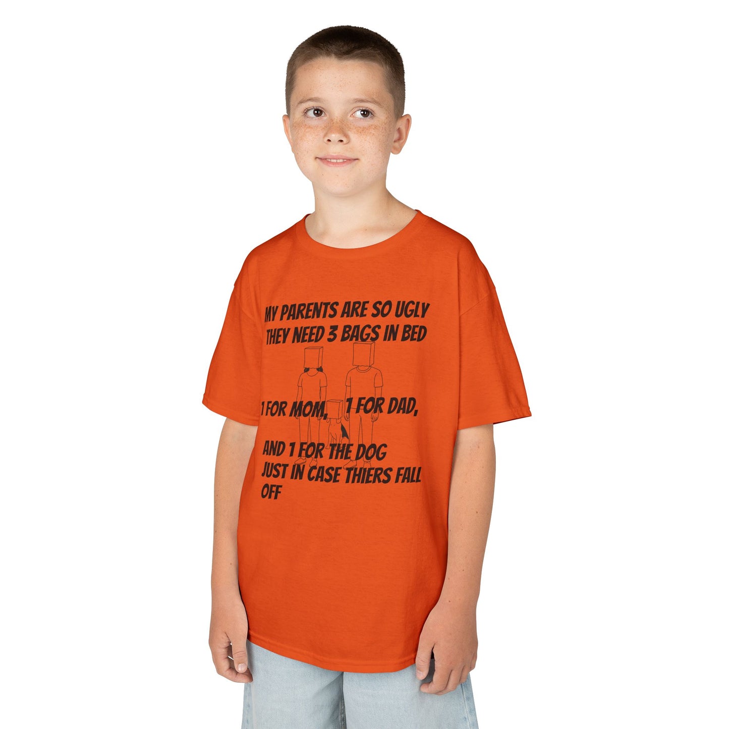 Kids Tee — Funny 'My Parents Are So Ugly They Need 3 Bags in Bed' Graphic Shirt