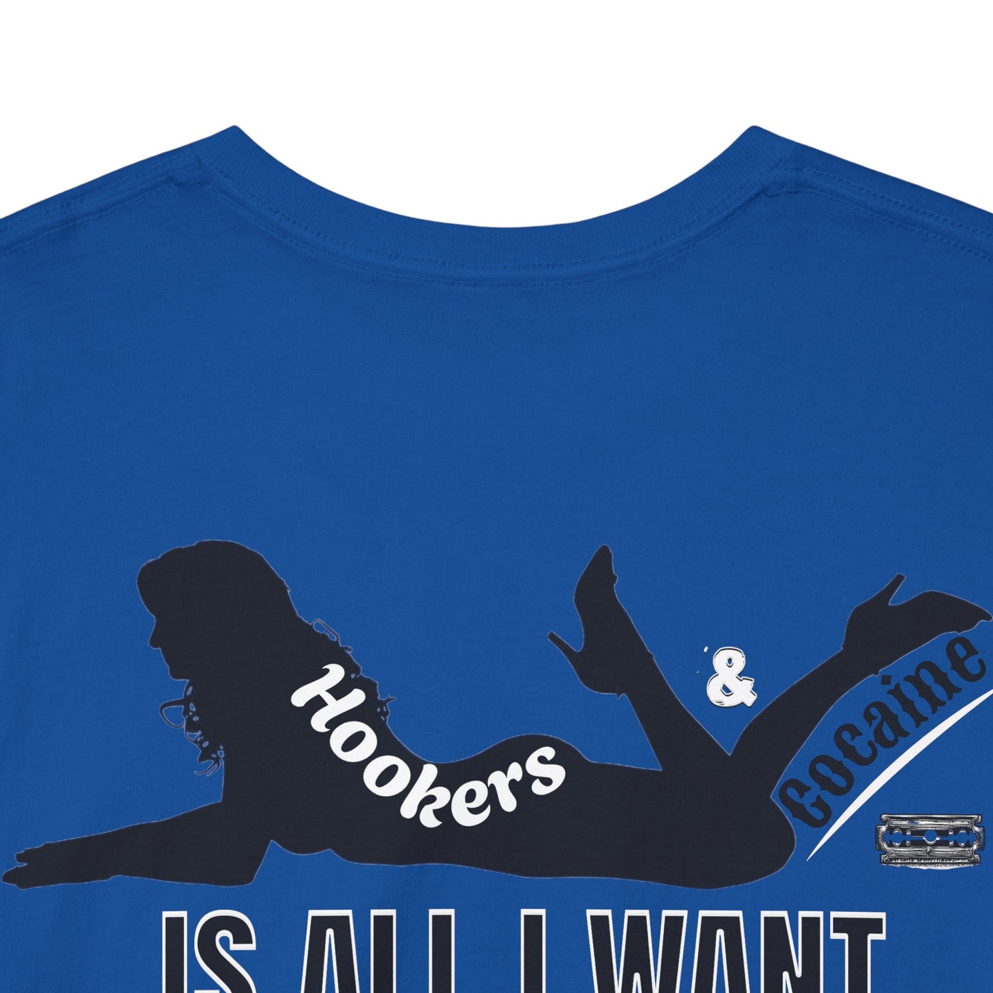 G-FYS Graphic Tee — 'Hookers & Is All I Want' Bold Red Logo Blue T-Shirt